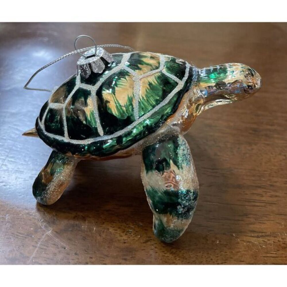 SEA TURTLE Glass‎ Ornament, Turtle Ornament Green Glittering 4.5"x3.5"